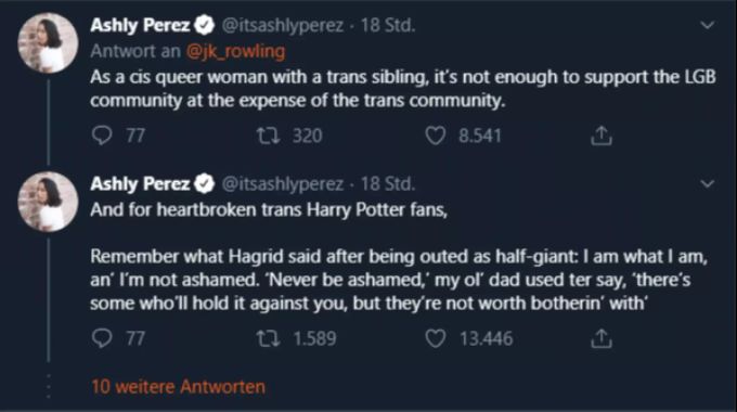 Man könne nicht die LGB-Gemeinschaft auf Kosten der Trans-Gemeinschaft unterstützen, schreibt eine Twitter-Nutzerin. J.K. Rowling Trans