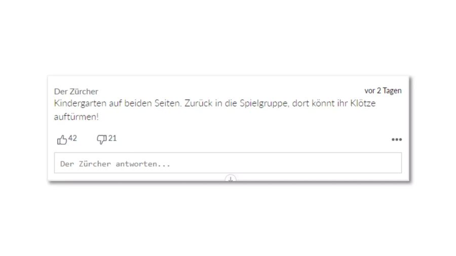 Zum Schluss noch: Der Eklat sei «Kindergarten auf beiden Seiten», schreibt ein Zürcher.