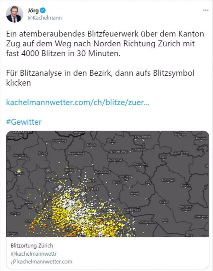Jörg Kachelmann berichtet von fast 4000 Blitzen in einer halben Stunde über dem Kanton Zug. Jörg Kachelmann wetter gewitter