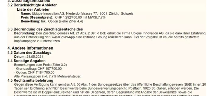 Der Grundauftrag vom Bund an Ubique für die Covid-Zertifikat-App. Simap