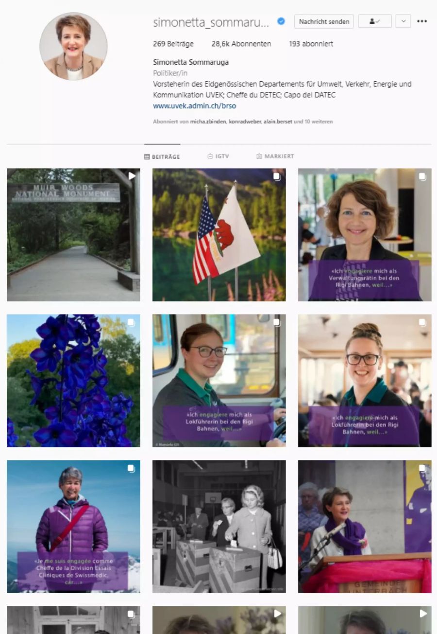 Kommunikationsministerin Simonetta Sommaruga nutzt Instagram primär für politische Botschaften, wie zuletzt zur Gleichstellung.