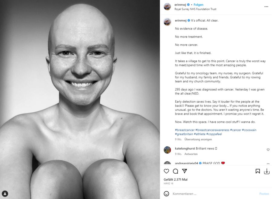 Mitte März verkündete Erin Kennedy auf Instagram, krebsfrei zu sein.