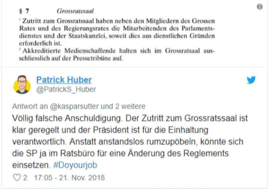 Der CVP-Politiker Patrick Huber veröffentlichte auf Twitter die Geschäftsordnung.