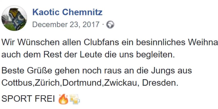 Die rechtsradikale Ultragruppierung Kaotic Chemnitz bedankt sich in einem Facebook-Post für die Unterstützung aus Zürich.