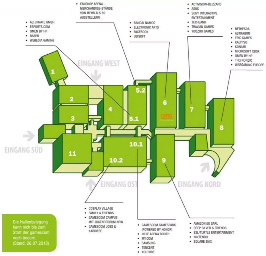 Der Hallenplan der 2018 Gamescom. Er hat einen grünen Touch. Darauf sind alle wichtigen Veranstaltungen verzeichnet.
