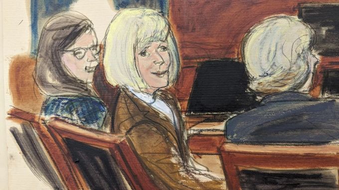 Eine Gerichtszeichnung von E. Jean Carroll, im Fall gegen Donald Trump. Donald Trump Case