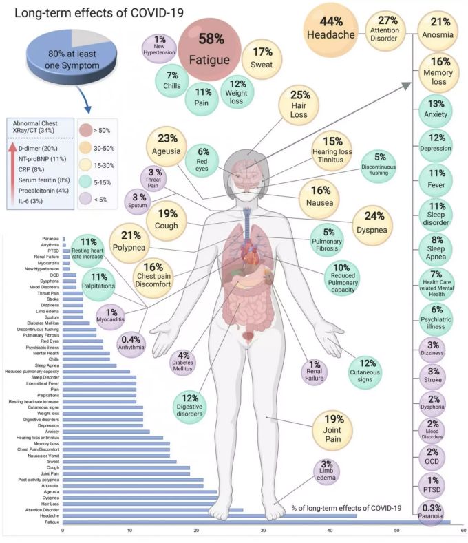 Symptome von Long Covid anhand einer in «Nature» publizierten Studie, mit dem häufigsten «Erschöpfung» in Rot. 80 Prozent der Patienten haben mindestens eins der Symptome. Long Covid Langzeitfolgen Symptome