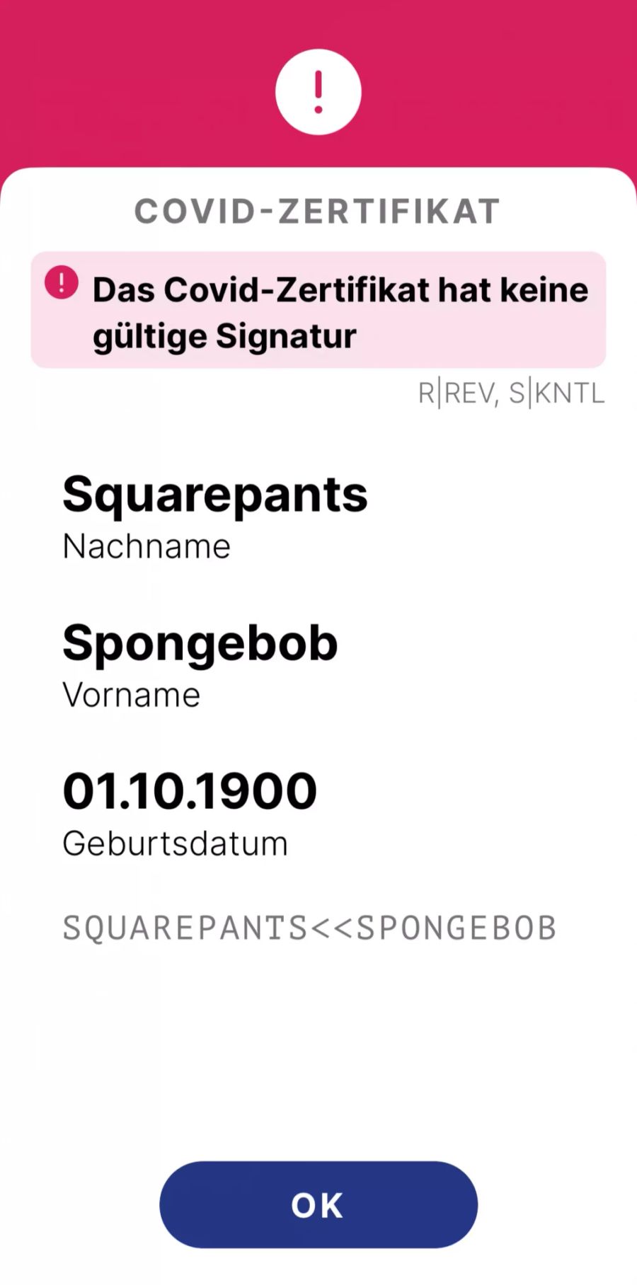 Spongebob Schwammkopf Covid-Zertifikat