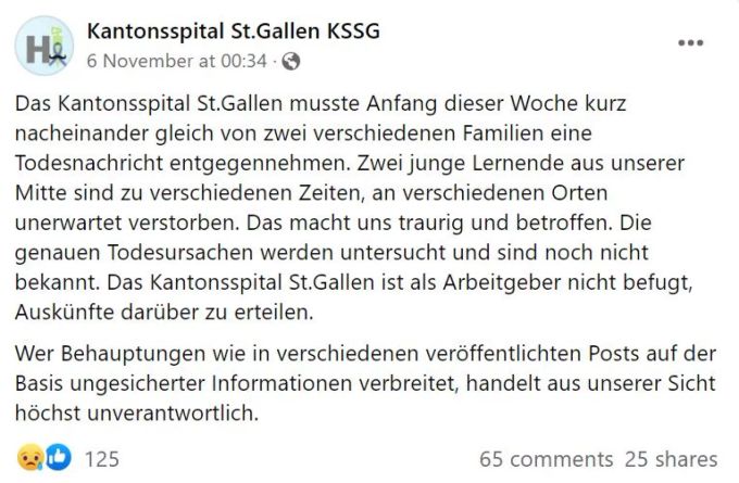 Das Kantonsspital St. Gallen äusserte sich auf Facebook zum Tod der zwei Lehrtöchter. Coronavirus Spital Impfung