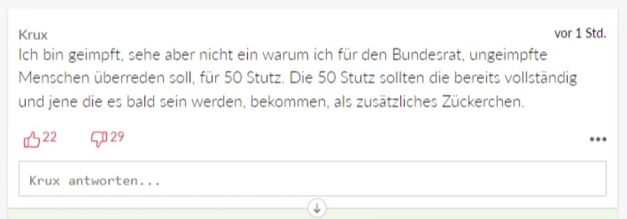 «Krux» ist zwar geimpft, versteht aber nicht, warum die 50 Franken nicht an die bereits vollständig Geimpften gehen.