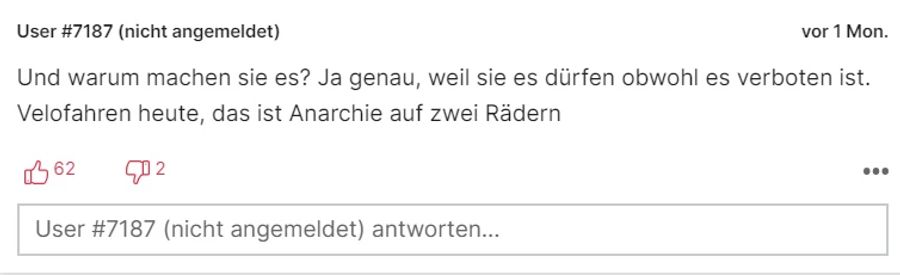 Ein Nutzer bezeichnet Velofahren gar als «Anarchie auf zwei Rädern».