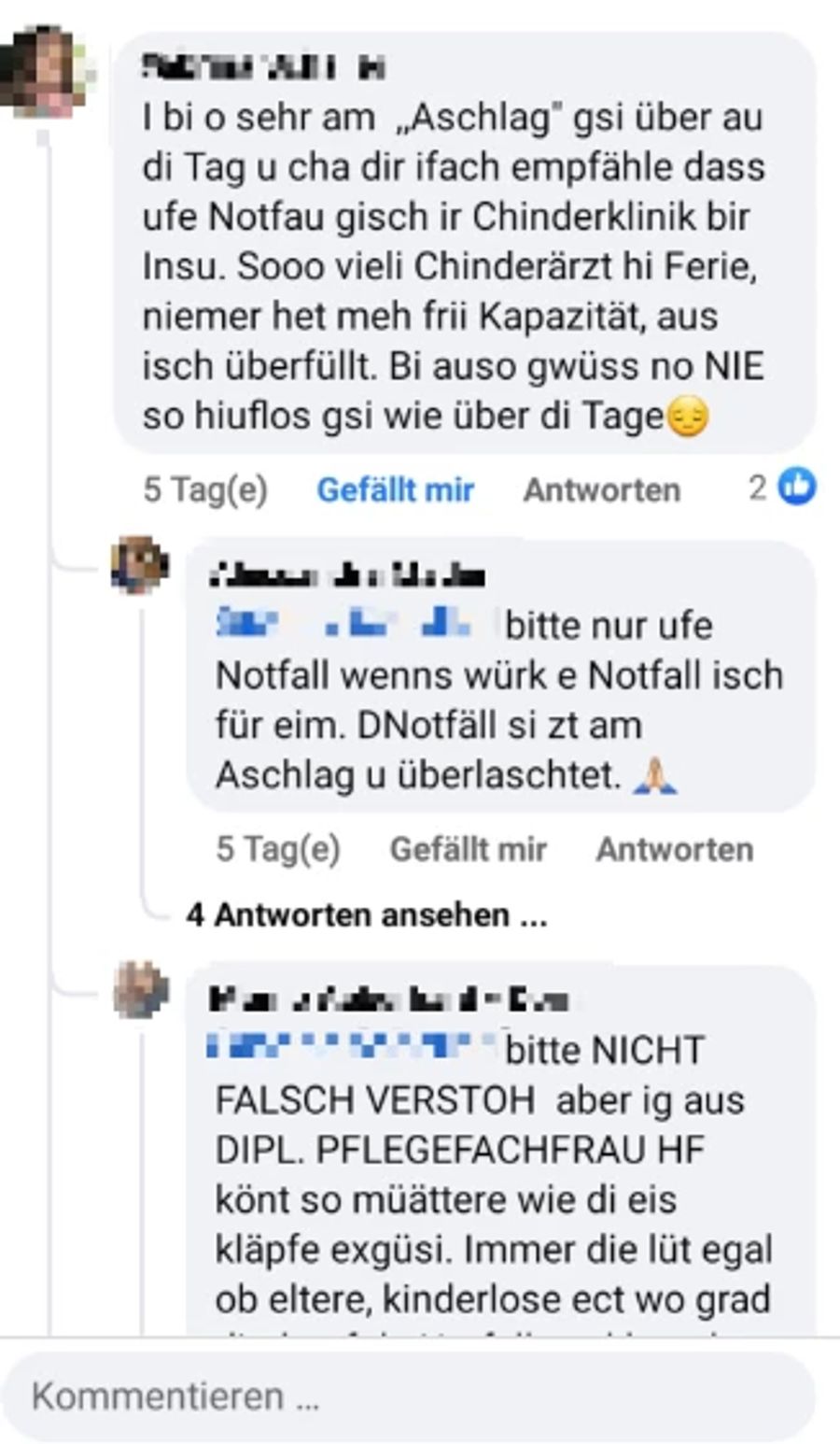 Eine Mutter empfiehlt auf Facebook, auf den Notfall in der Insel zu gehen. Das löst eine Diskussion aus.