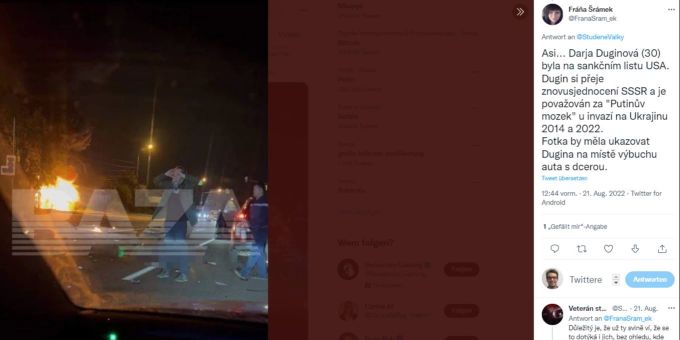 Auf diesem Bild ist Alexander Dugin am Tatort zu sehen. Seine Tochter ist am Samstag in dem brennenden Auto ums Leben gekommen.