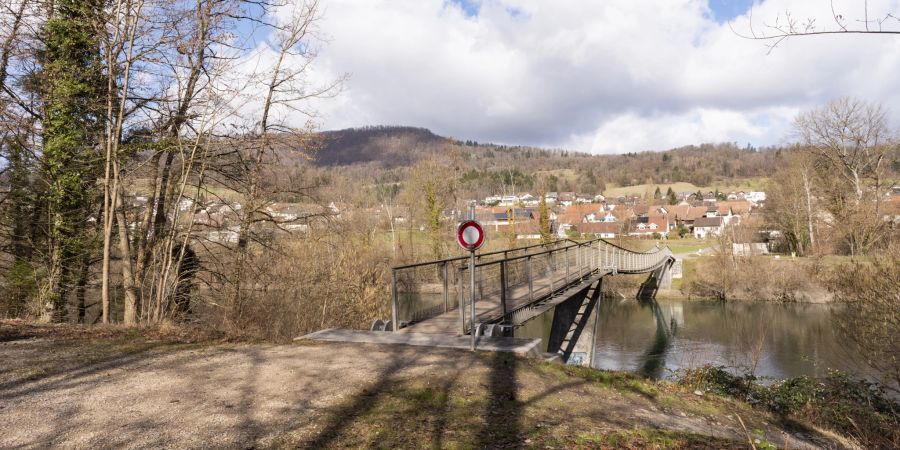 Die Fussgänger-Brücke an der Aare bei Auenstein. Das Auengebiet von Aarau bis Wildegg erstreckt sich über 270 ha.