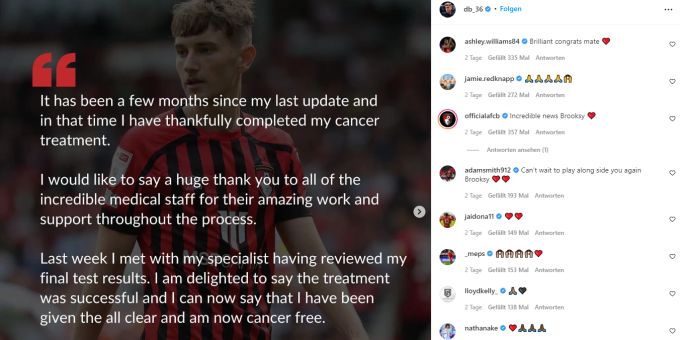 «Ich bin krebsfrei», schreibt David Brooks vom AFC Bournemouth am letzten Dienstag auf Instagram. AFC Bournemouth