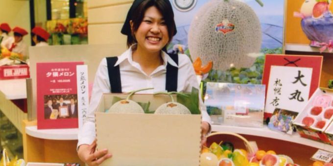 Yubari-Melonen gehen immer wieder für teures Geld über den Tisch. Hier eine Verkäuferin mit zwei Exemplaren im Jahr 2003. Melonen