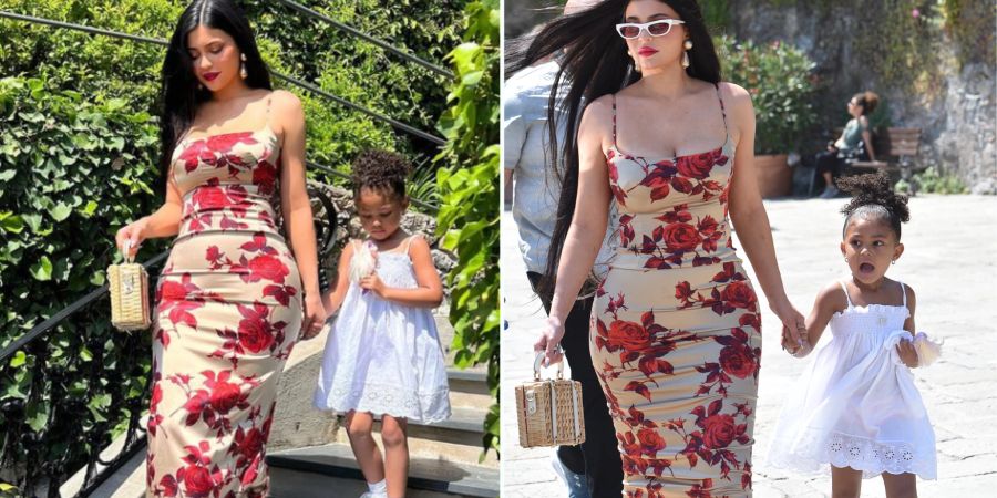 Kims Halbschwester Kylie Jenner auf Instagram (links) und im echten Leben beim Spaziergang durch Portofino (I).