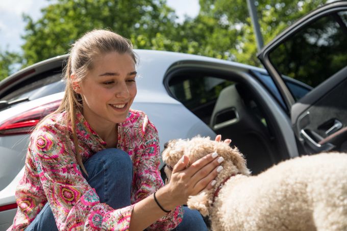 Du darfst diesmal nicht mit! Nicht jedes heisse Reiseziel ist für Hunde geeignet. Hund Mädchen Auto Ferien weiss Bluse bunt