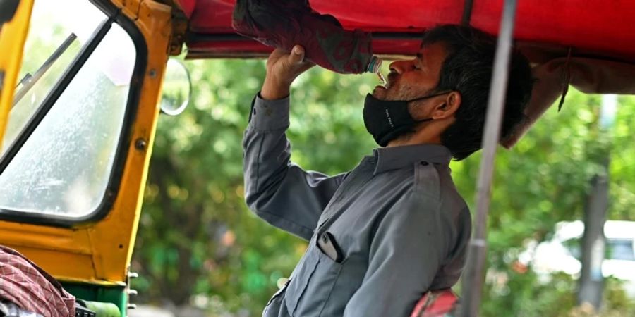 Trinkender Rikscha-Fahrer in Neu Delhi am Montag