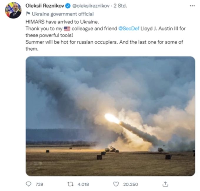 Der ukrainische Aussenminister bedankt sich für die Waffenlieferungen der USA. twitter