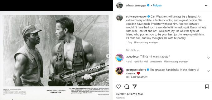 Auch Arnold Schwarzenegger findet herzliche Worte für den verstorbenen Carl Weathers. Carl Weathers Arnold Schwarzenegger