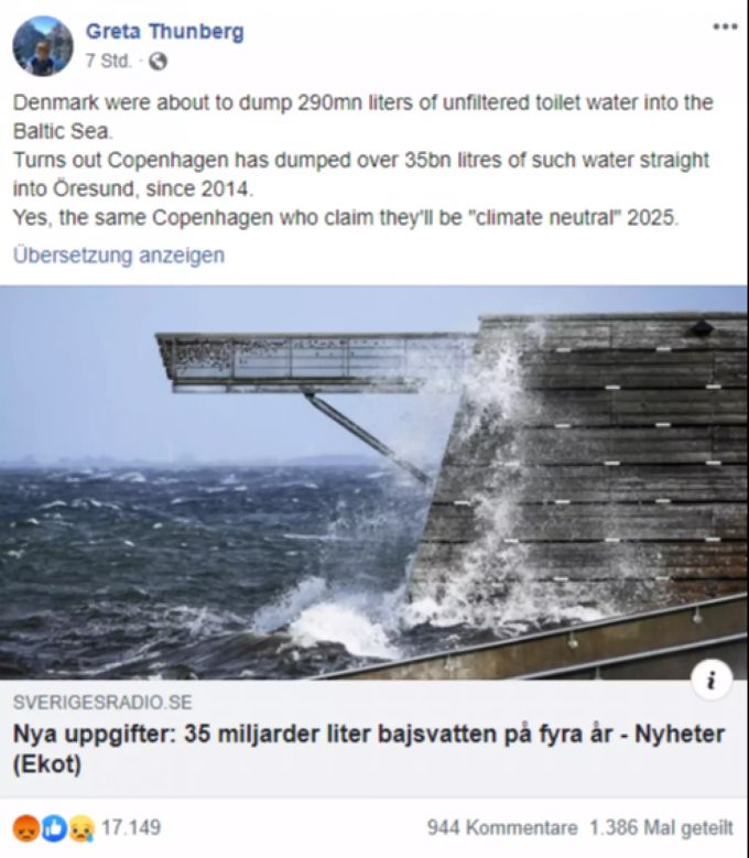 Die schwedische Klimaaktivistin Greta Thunberg kritisiert Kopenhagen in einem Facebook-Post. Greta Thunberg