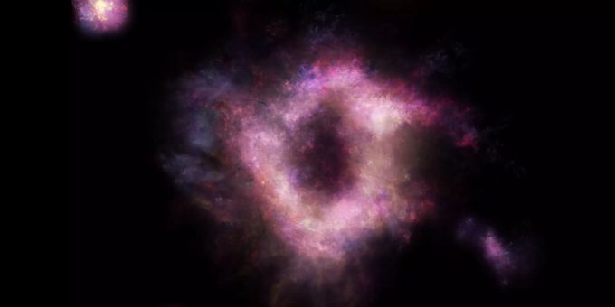 Pink-violette Ringgalaxie mit riesigem Loch in der Mitte. Ringgalaxie Weltall
