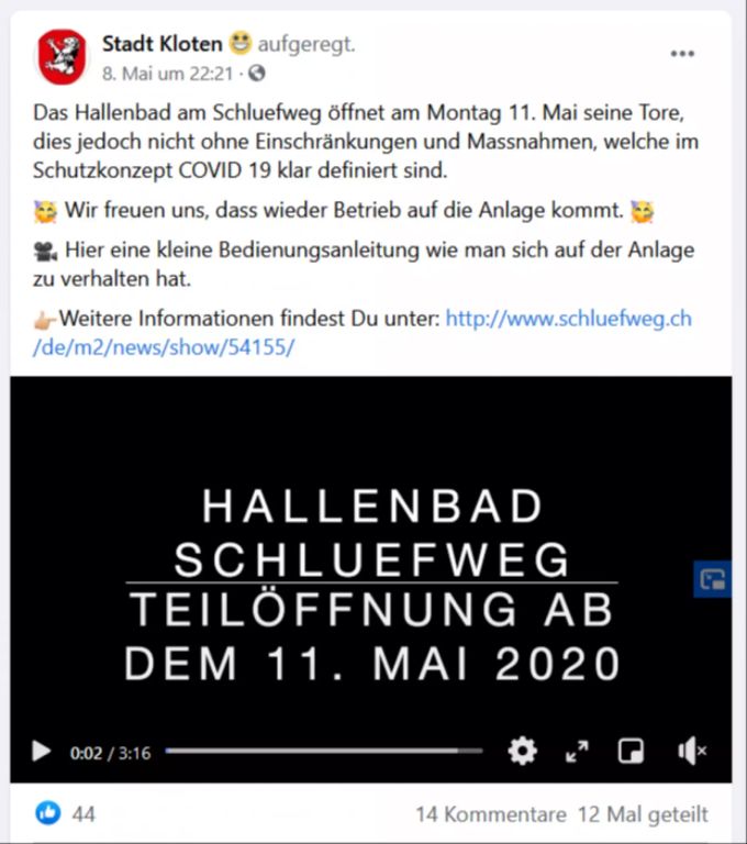 Auf ihrer Facebook-Seite zeigt die Stadt Kloten, wie sich Besucher im Hallenbad Schluefweg zu verhalten haben. Hallenbad Schluefweg
