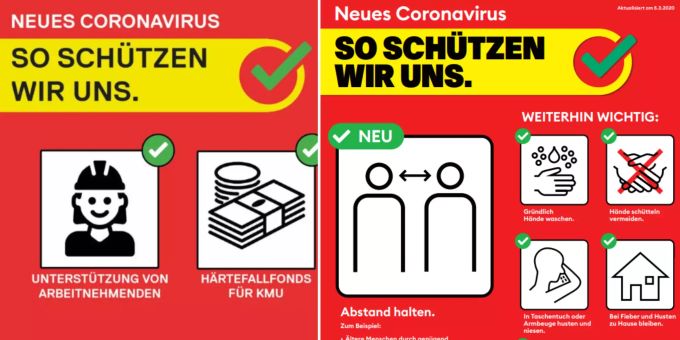 Rechts: die offizielle Kampagne des BAG gegen das Coronaviurs. Links: die Kopie der SP. SP Coronavirus