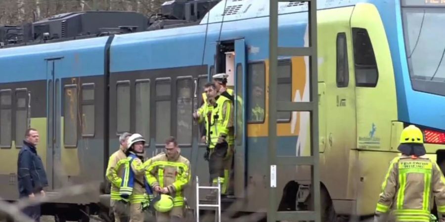 Ein Regional-Express steht auf einem Gleis bei Rheine. Der Zug musste halten und wurde geräumt, nachdem umgestürzte Bäume die Bahngleise auf der Strecke zwischen Rheine und Salzbergen blockiert hatten. Foto: -/Nord-West-Media TV/dpa