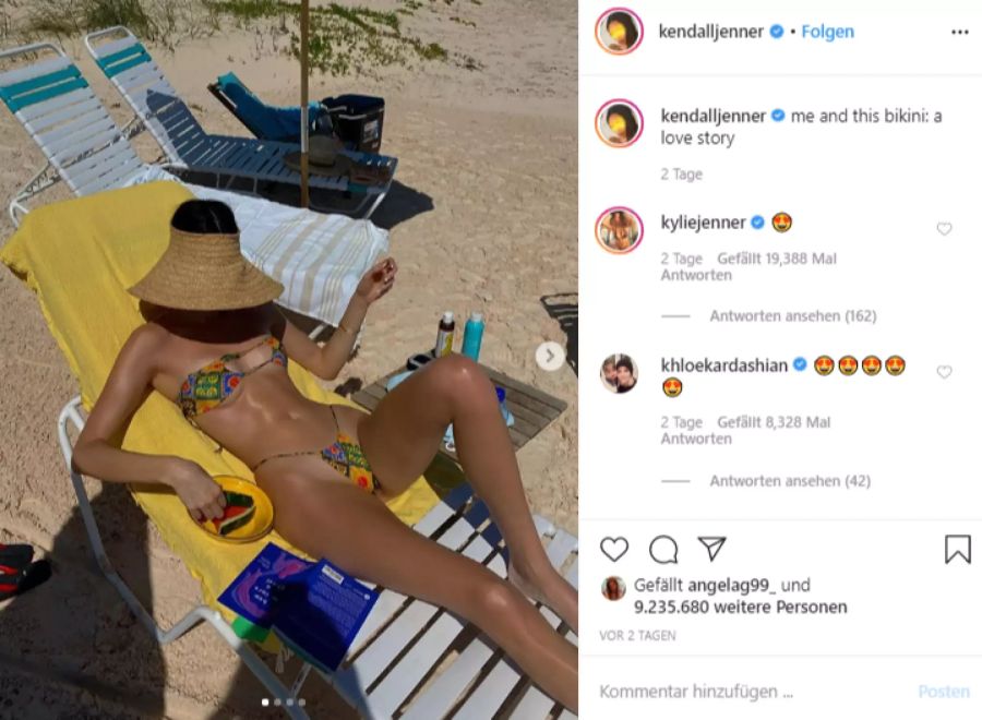 Kendall Jenner sünnelet im farbenfrohen Bikini.