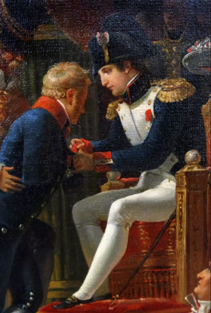 Ein Ausschnitt eines Gemäldes von Jean-Baptiste Debret aus dem 19. Jahrhundert zeigt Napoleon Bonaparte. Napoleon Bonaparte