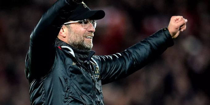 Liverpools Trainer Jürgen Klopp feiert ein Tor seines Teams. FC Liverpool Jürgen Klopp