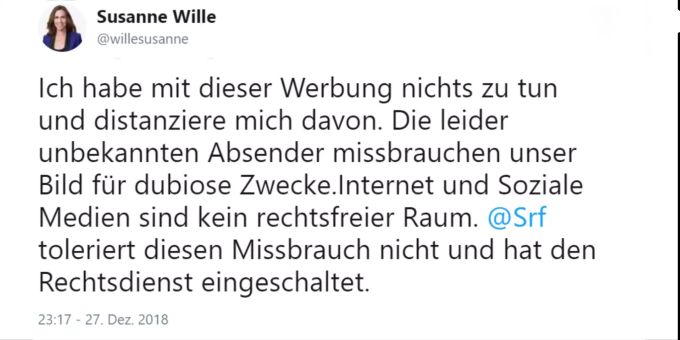 SRF-Moderatorin Susanne Wille verurteilt auf Twitter die Machenschaften mit ihrem Bild. Tweet Susanne Wille