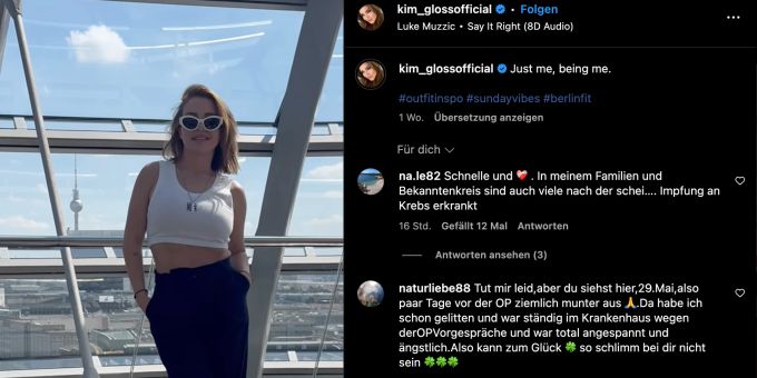 Unter ihrem letzten Post häufen sich die Genesungswünsche an Kim Gloss nach ihrer OP. Kim Gloss OP