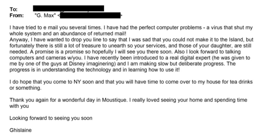 Ghislaine Maxwell schreibt an Claire-Anne Stroll. Auch über «die Dienste deiner Tochter». Chloe Stroll war damals ungefähr 7 Jahre alt.