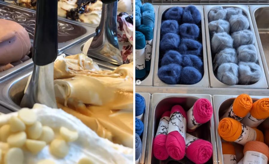 Wo im Sommer die unterschiedlichsten Glacé-Sorten locken, sind in der Winterpause die Wollknäuel hübsch drapiert.