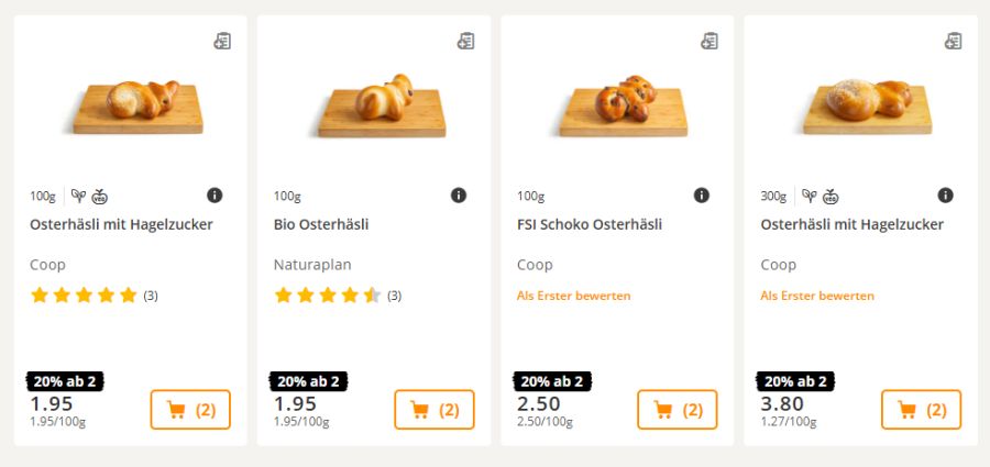 Coop hat verschiedene Osterhäsli aus Brotteig im Angebot.