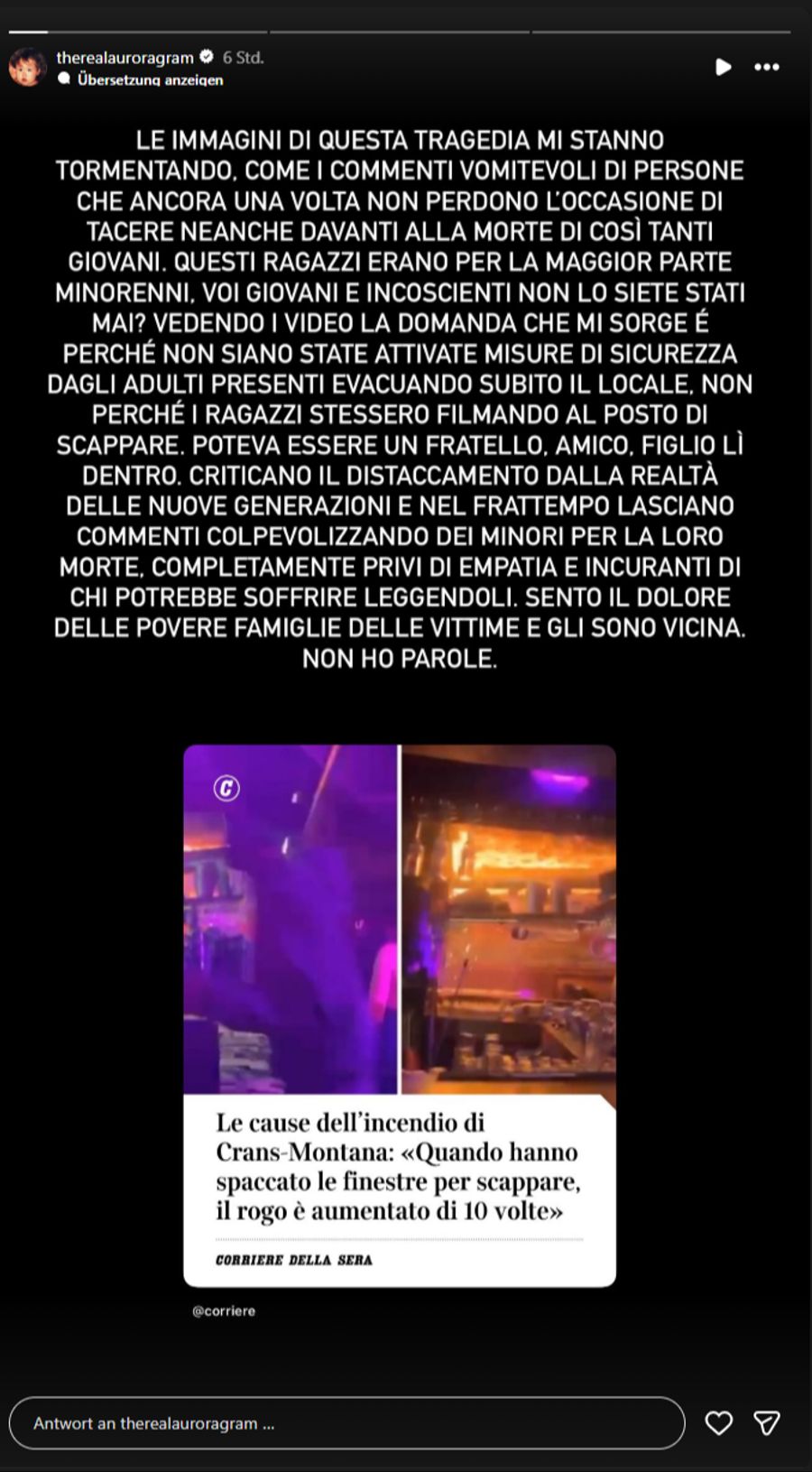 Aurora Ramazzotti ist über die «widerwärtigen Kommentare» zu Crans-Montana erschüttert.