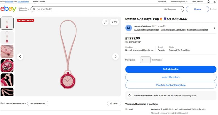 Auf Ebay wird die rote Variante «Otto Rosso» der Swatch «Royal Pop» derzeit für knapp 2000 Pfund (rund 2100 Franken) angeboten.