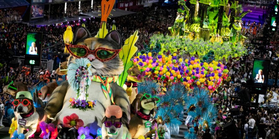 dpatopbilder - Darsteller der Sambaschule «Mocidade» paradieren auf einem Wagen während der Karnevalsfeierlichkeiten im Sambadrom. Foto: Bruna Prado/AP/dpa