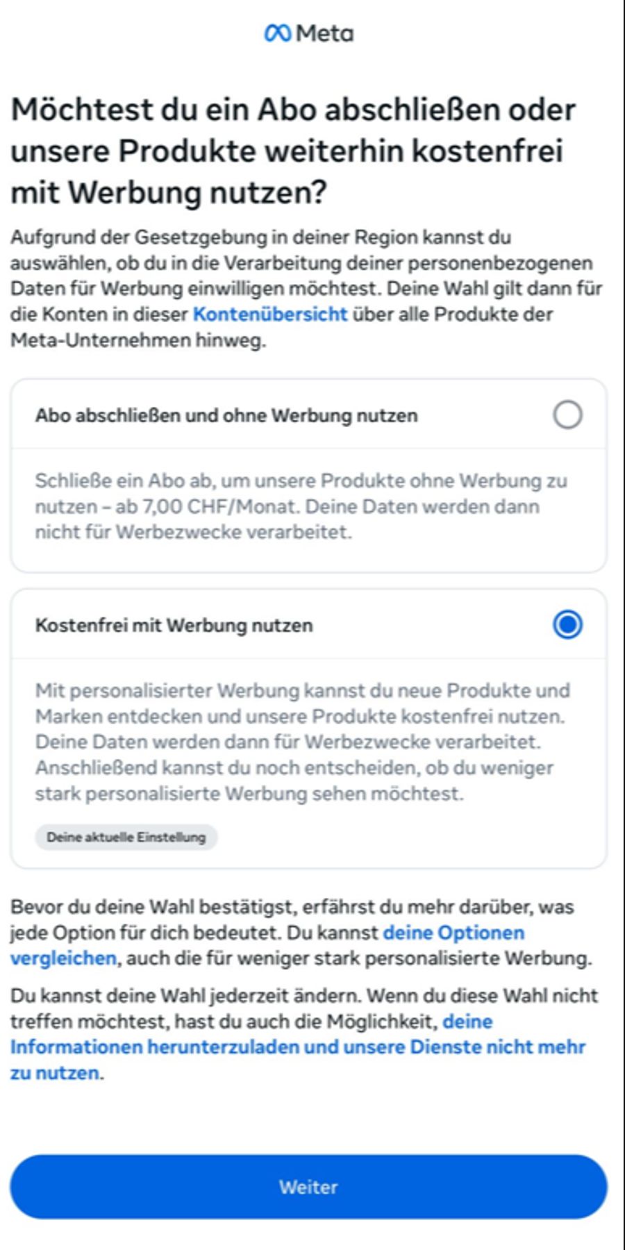 Wer Instagram ohne Werbung nutzen will, muss ein Monatsabo für sieben Franken abschliessen.