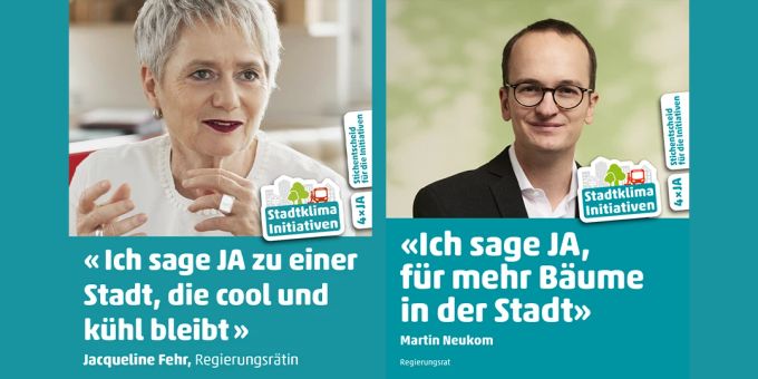 Auf den Plakaten der Winterthurer Stadtklima-Initiativen äussern sich auch zwei Zürcher Regierungsräte. Unterstützungsplakate der beiden Regierungsräte