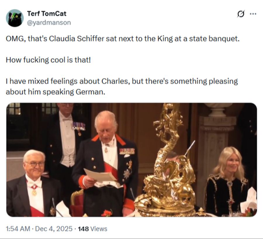 Beim Bankett von King Charles für die deutsche Delegation war auch Claudia Schiffer dabei.