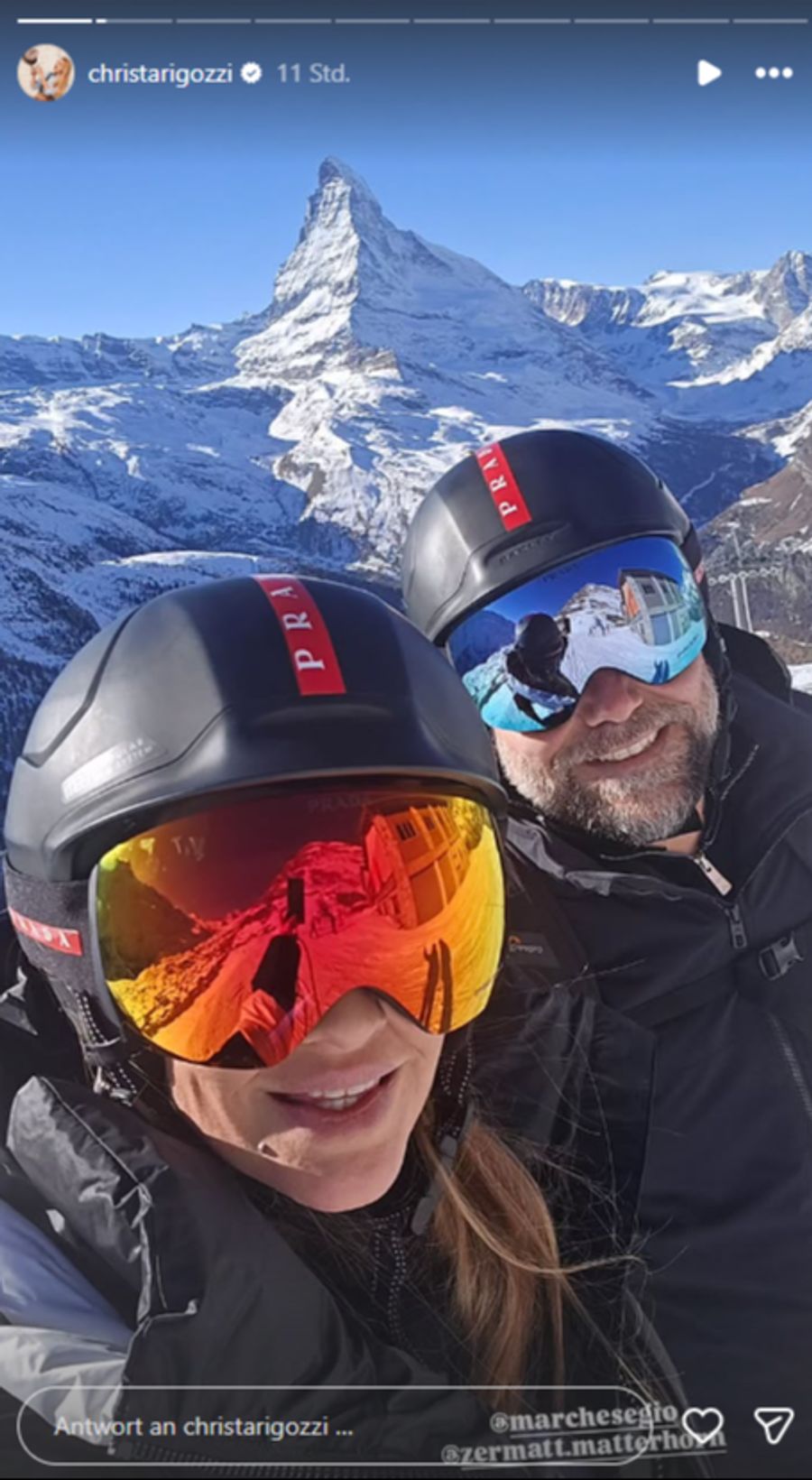 Die Ex-Miss und ihr Mann Giovanni zeigen sich ebenfalls in Skimontur.