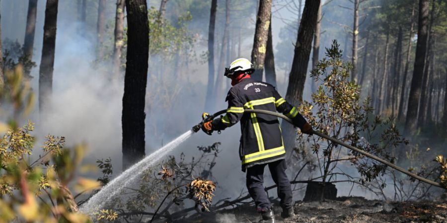 Ein Feuerwehrmann verteit Wasser in einem Waldstück bei Claouey. Foto: Emma Da Silva/AP/dpa