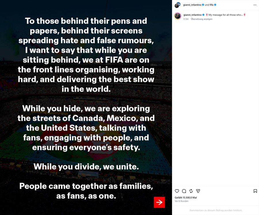 Gianni Infantino auf Instagram.