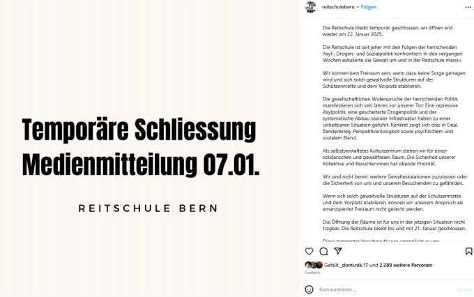 Die Reitschule Bern teilt die Schliessung bis 21. Januar mit. reitschule bern