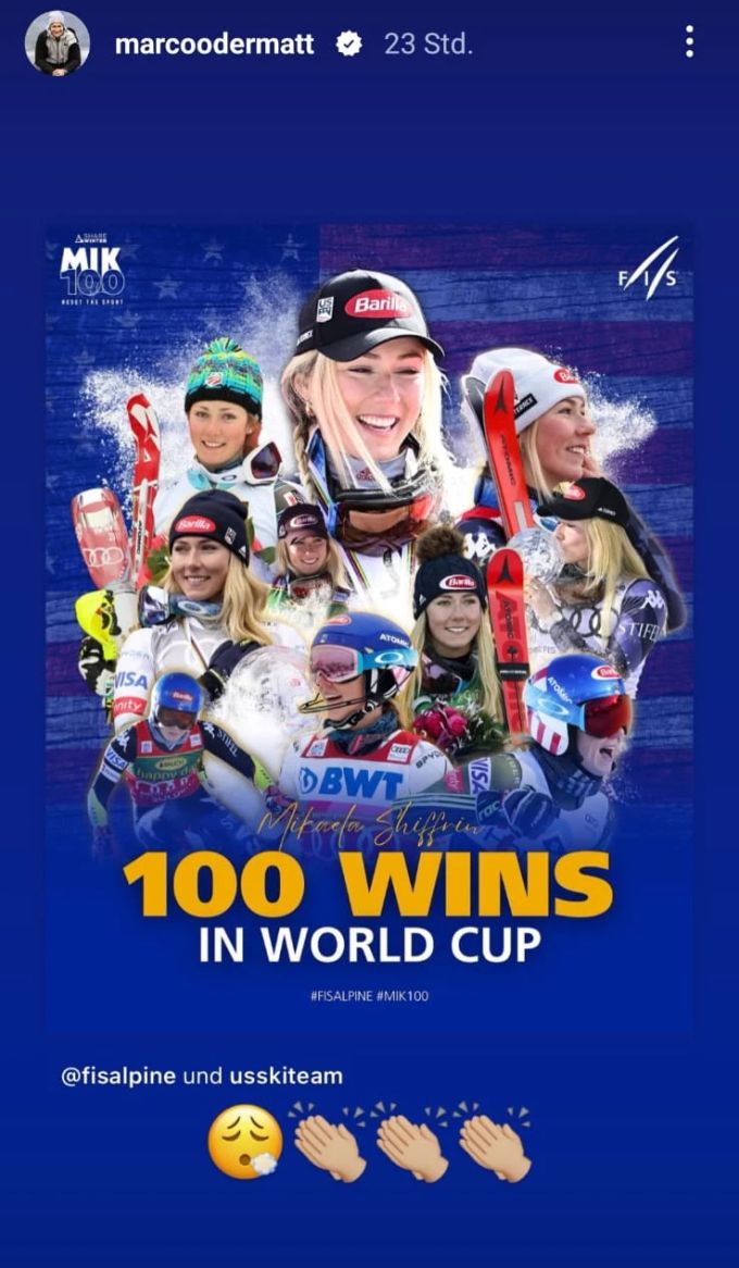 Marco Odermatt applaudiert Mikaela Shiffrin für ihren 100. Weltcup-Sieg. Marco odermatt Mikaela shiffrin