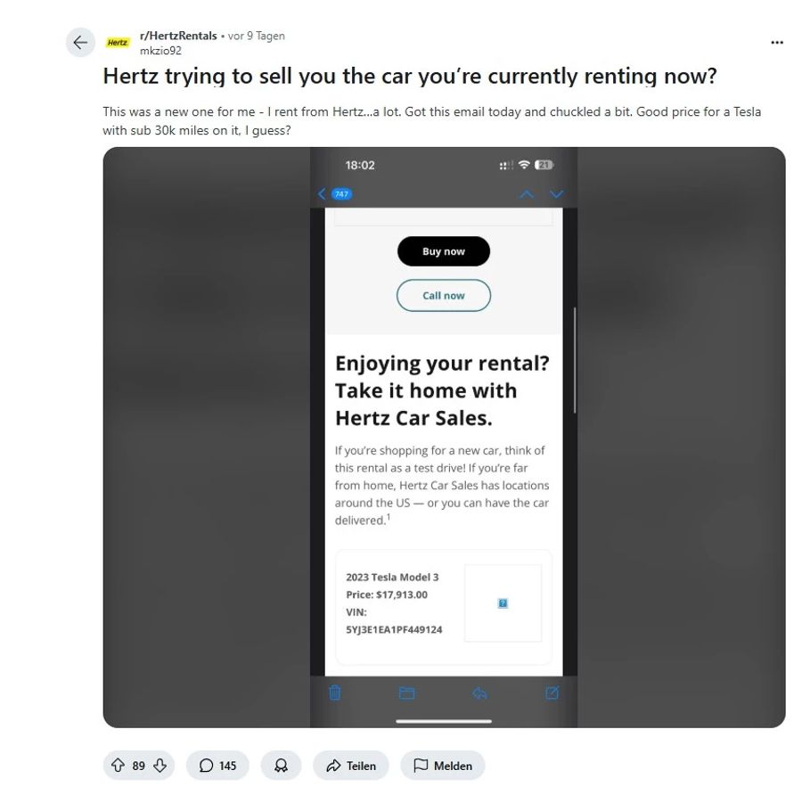 Reddit Screenshot Hertz Teslas